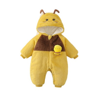 婴儿衣服冬装连体衣可爱小蜜蜂毛毛小月龄宝宝加绒加厚外出抱棉衣