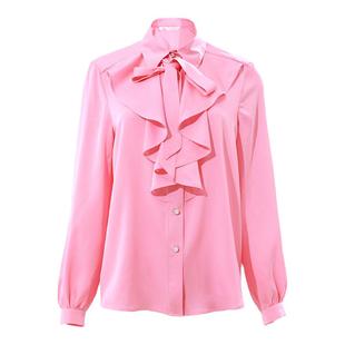 拓美2025秋季新款法式浪漫高端真丝荷叶边飘领桑蚕丝灯笼袖衬衫女