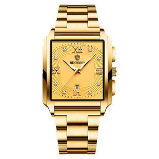 BINBOND全自动非机械方形男士钢带手表学生运动日历石英防水腕表