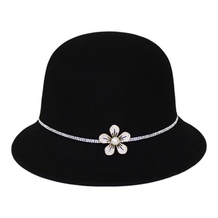 秋冬黑色毛呢礼帽女士小香风英伦复古圆顶轻奢时装帽显脸小渔夫帽