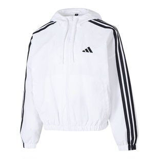 阿迪达斯白色梭织外套女装2026春季跑步训练运动服连帽夹克JZ2161