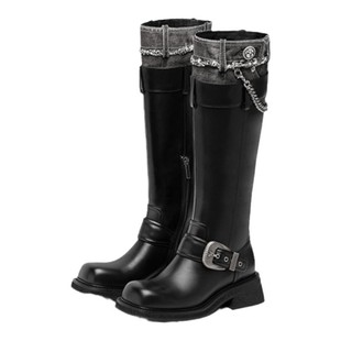 赵昭仪孟子义同款|SUGARSU酥履秋冬牛仔拼色复古中筒时装长靴女