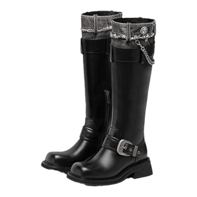 赵昭仪孟子义同款|SUGARSU酥履秋冬牛仔拼色复古中筒时装长靴女