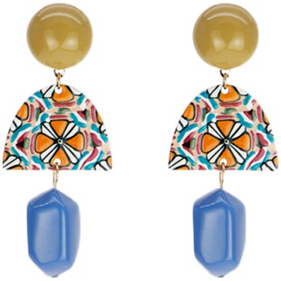 复古巴洛克蓝色多瑙河黄蓝撞色三角长耳钉女银针气质朵耳环耳夹款