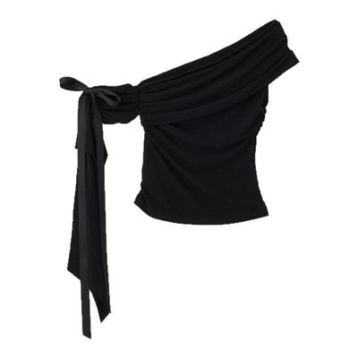 eihey诶嘿夏季款设计感不规则斜肩带飘带露肩个性修身T恤衫短袖女