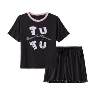 tutuanna睡衣女夏 针织透气人棉花朵字母印花短袖家居服套装女