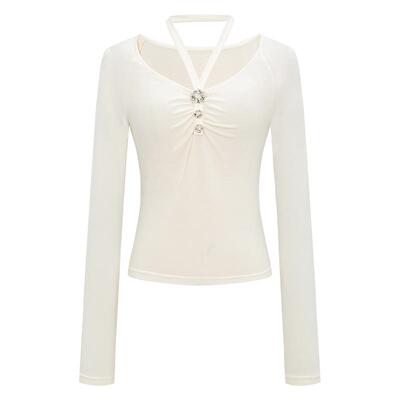 Three Quarters 女士精美钻扣挂脖针织T恤打底上衣银泰 301355