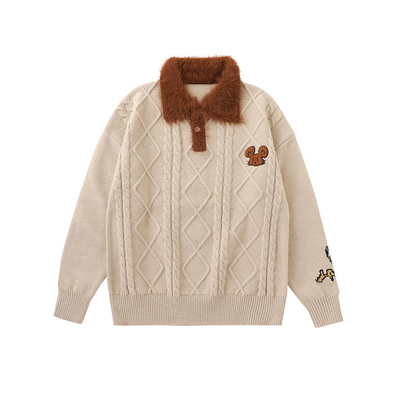 LAMLICKA杏色复古卡通提花毛衣