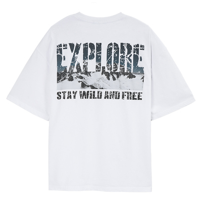 夏季纯棉雪山印花宽松运动T恤