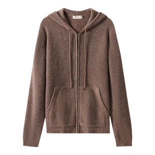 皮皮狗25秋冬新款男士连帽拉链羊绒开衫复古花纱纹理厚实毛衣外套