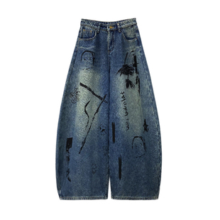 个性印花设计加绒牛仔弯刀裤女冬新款高腰宽松显瘦百搭直筒香蕉裤