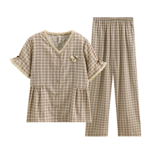 芬腾冰丝睡衣女款春夏季短袖开衫薄款休闲中年妈妈夏款家居服套装