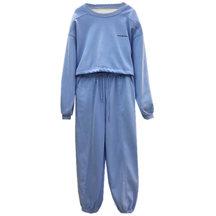 美式爆款时尚圆领短款卫衣套装秋冬束口哈伦裤休闲运动上衣两件套