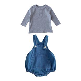婴儿秋装男宝宝牛仔背带裤连体衣+打底衣上衣套装帅气潮酷两件套