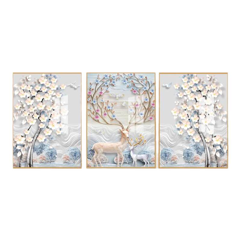 客厅三联画钻石画手工diy非满钻发财鹿风景半贴点钻十字绣三连幅