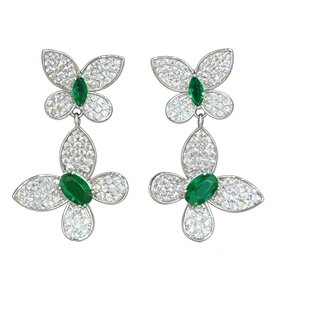 CrayonX法式复古错落蝴蝶耳钉女超闪绿宝石水晶耳环高级感轻奢