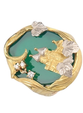 中古95新AsTime石川畅子经典城堡绿玛瑙灵动钻石戒指