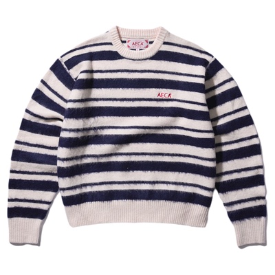 男女同款新款圆领宽条纹针织毛衣