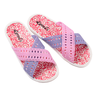 网格交叉带白底拖鞋浴室粉色夏女士室外家居用塑料平底一字凉拖