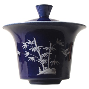 洒蓝二才盖碗单个家用高档竹霁蓝防烫马蹄茶杯功夫茶具悬停泡茶碗