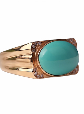 马鞍蛋面仿绿松石戒指镀18K金镶嵌复古高颜值大气百搭可调节指环