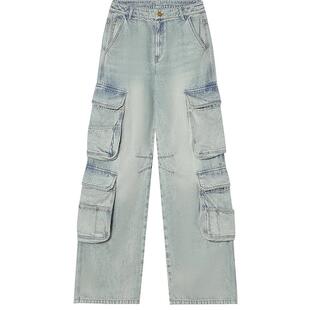 SALT.P可颜复古浅蓝口袋工装风牛仔裤女直筒阔腿裤AC35120100
