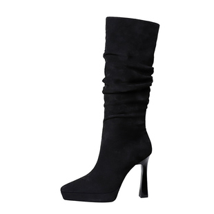 法式高跟长筒靴女尖头粗跟高筒靴子防水台侧拉链绒面慵懒风堆堆靴