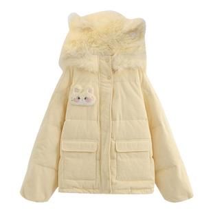 森女部落甜美黄色连帽羽绒服女2025新款冬季设计感小个子保暖外套