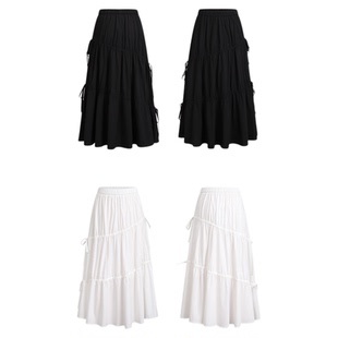 A21女装度假风蛋糕裙纯色层次气质感半身裙夏季简约黑色中长裙子