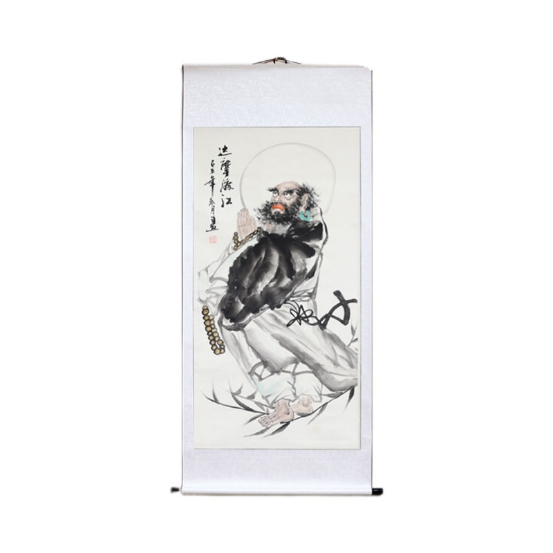 手绘老子出关图达摩渡江图卷轴画