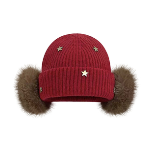韩系复古立体星星针织毛线帽子女冬季加厚保暖护耳显脸小包头冷帽