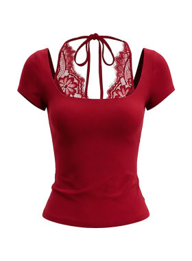 PynkiSwear 黑色/红色U领拼接蕾丝挂脖短袖T恤女修身弹力正肩上衣