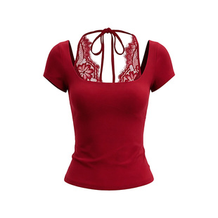 PynkiSwear 黑色/红色U领拼接蕾丝挂脖短袖T恤女修身弹力正肩上衣