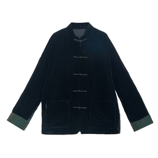 墨玉绿*三重门秋冬新款中式男装真丝绒外套唐装黑色夹棉盘扣国风