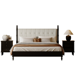 中古风主卧大气1米8双人黑色全实木床法式复古次卧1米5高脚软靠床