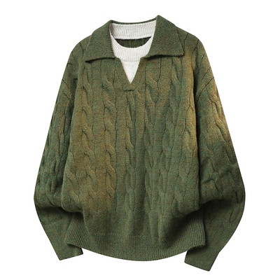 青少年假两件翻领加厚保暖毛衣