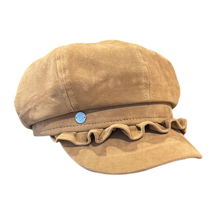 复古褶皱花边八角帽子女款2025新款秋冬季麂皮绒鸭舌贝雷帽报童帽