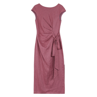 Maven Lin 高智派 褶皱绑带100%亚麻连衣裙女高级感连肩袖掐腰裙