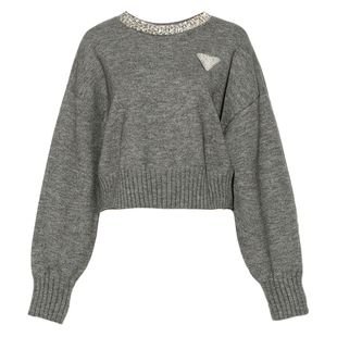 DPLAY2025年冬季新款灰色针织衫女含羊毛闪钻设计长袖上衣毛衣