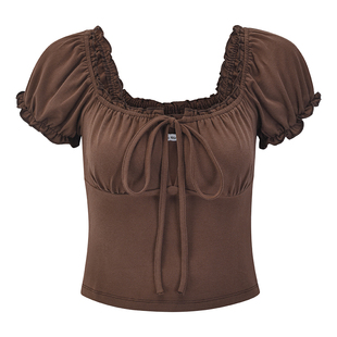 Go Girl Go 自制欧美风镂空系带方领泡泡袖短袖T恤女修身短款上衣