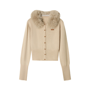 【太妃拿铁】Uena卡其色修身显瘦圆领毛针织开衫打底上衣毛领可拆