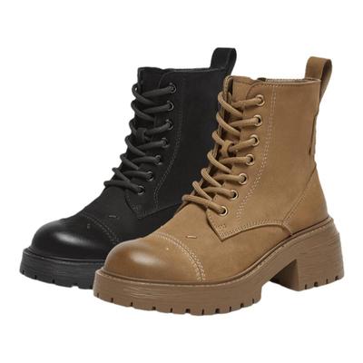 百思图冬商场新款舒适加绒羊皮靴登山马丁靴粗跟女短靴U6262DD4