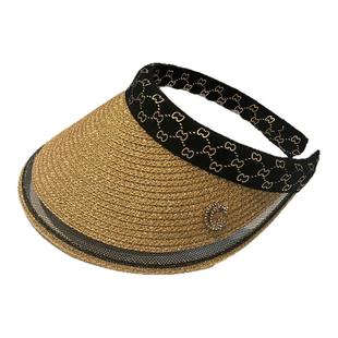 遮阳帽女2025新款沙滩度假草编空顶帽春夏季百搭水钻防晒太阳帽子