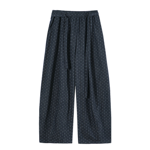 藏青色波点阔腿裤女2026新款高腰宽松百搭抽绳弯刀遮胯显瘦长裤子