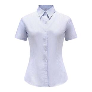 新款女蓝色条纹衬衫翻领短袖暗扣防走光方领蓝条职业装大码长袖