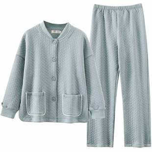 睡衣女士春秋季秋装加厚纯棉长袖家居服秋冬季空气棉夹棉夹层