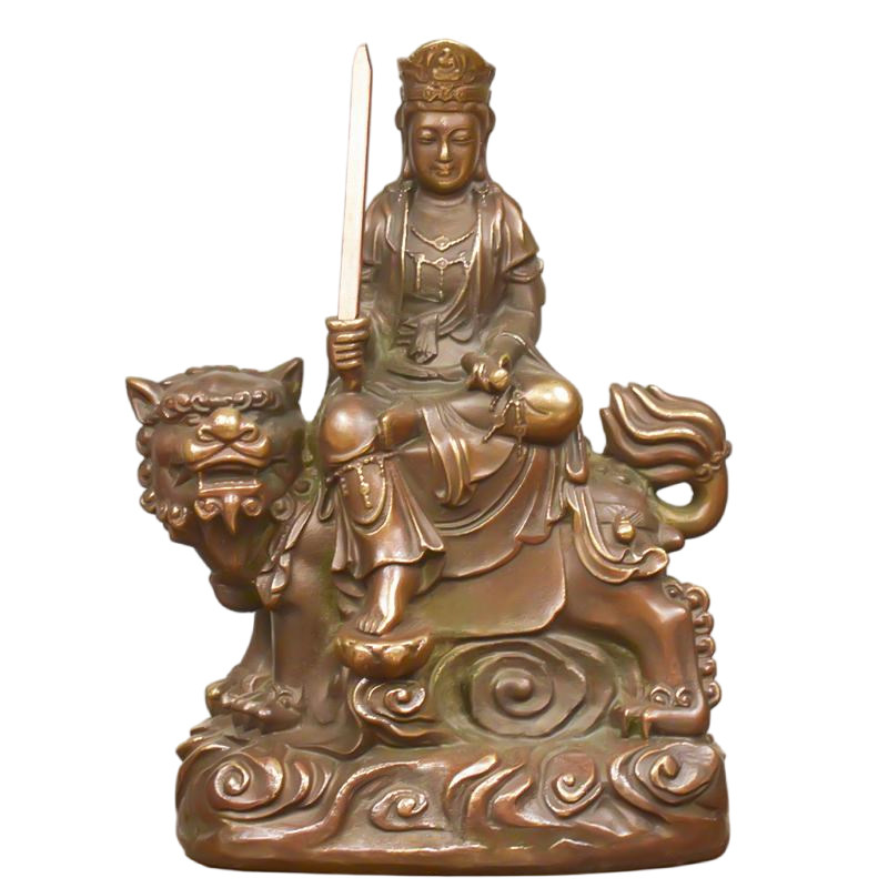 纯黄铜文殊普贤菩萨神像摆件保平安本命铜像家用佛堂供奉风水摆设