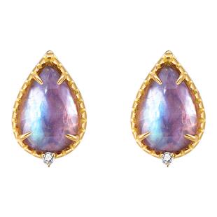 【Rees】如梦绮。天然紫水晶白蝶贝拼合炫彩宝石18k黄金耳钉日系