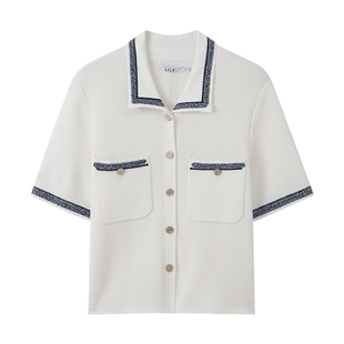 【商场同款】LILY2025秋新款女装撞色小香风通勤短袖针织开衫上衣
