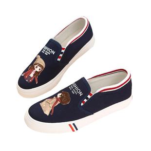 春季女鞋涂鸦休闲鞋透气帆布鞋韩版低帮套脚平跟女学生懒人一脚蹬